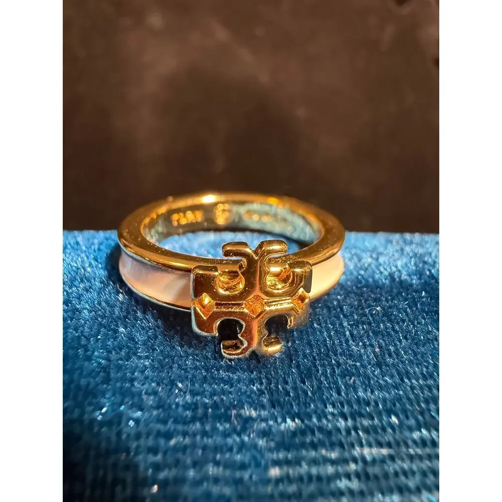 Tory Burch Icon Enamel Ring Gold & White Size 6.5 Double T Logo NWOT